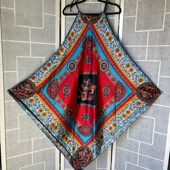 Vintage Dresses & Skirts - RARE Vintage Asian Dragon Motif Satin Scarf Handkerchief Dress🐉